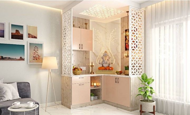 Corner Mandir Design in Living Room