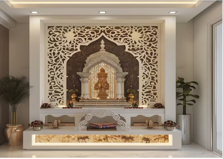 Jali Work in Small Wooden Devghar Design for Home