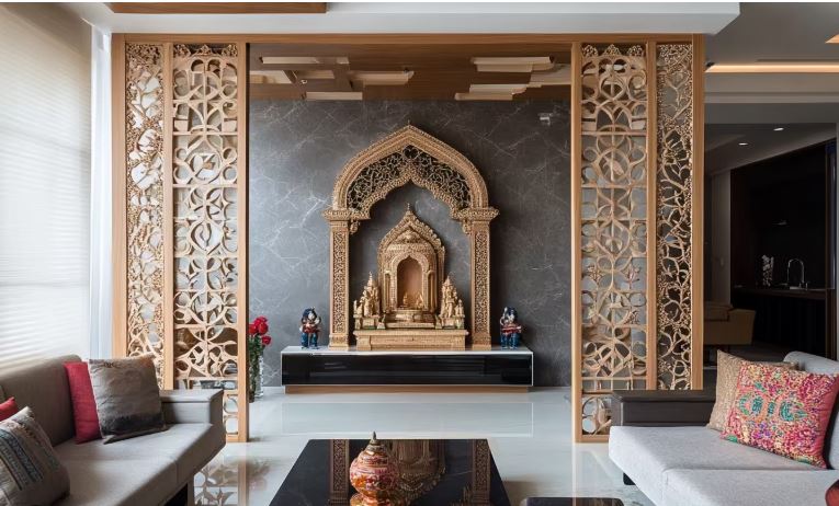 Living Room that has Carved Wood Mandir Style