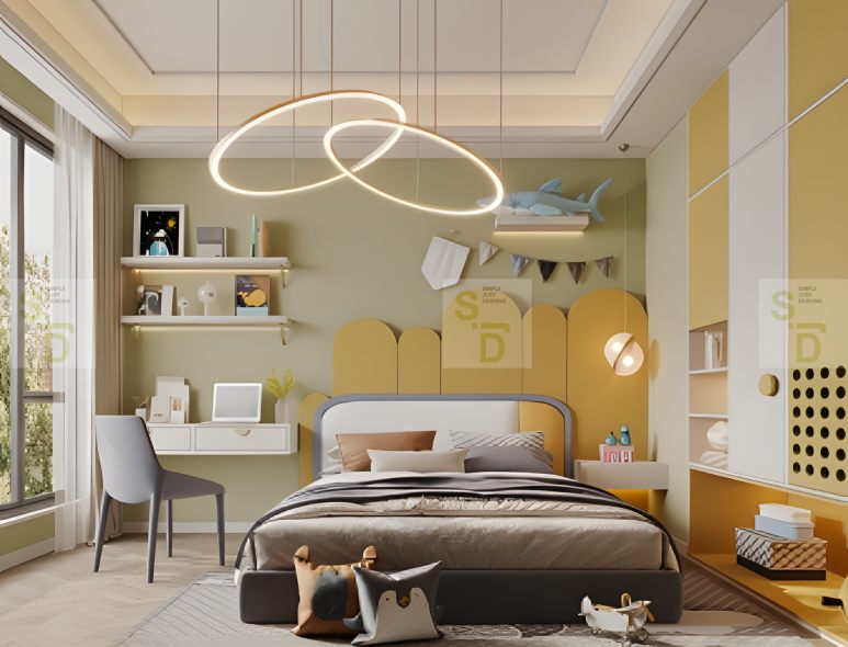 Yellow Theme Contemporary Kids Bedroom Interior Design With Cove False Ceiling Design