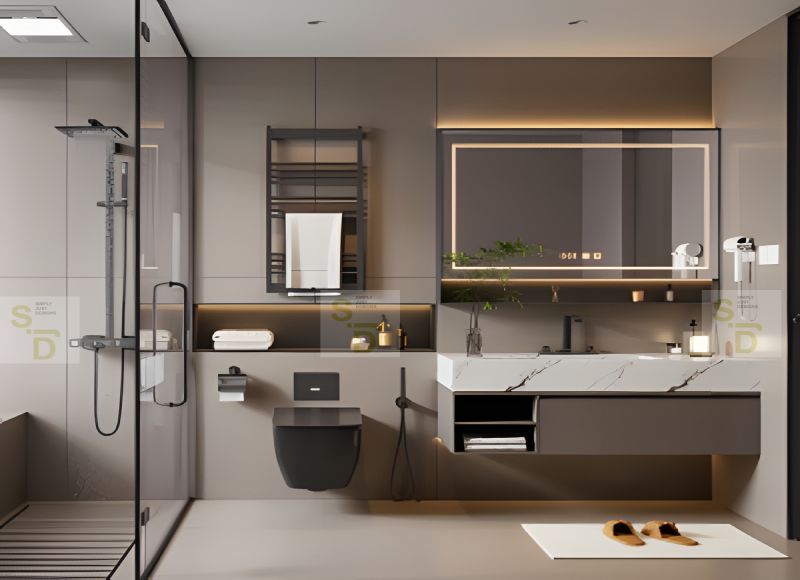 Contemporary bathroom design with floating vanity