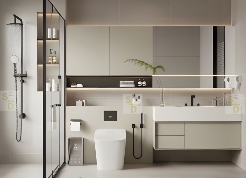 Compact Modern Bathroom Design with Glass Partition and Vanity Unit