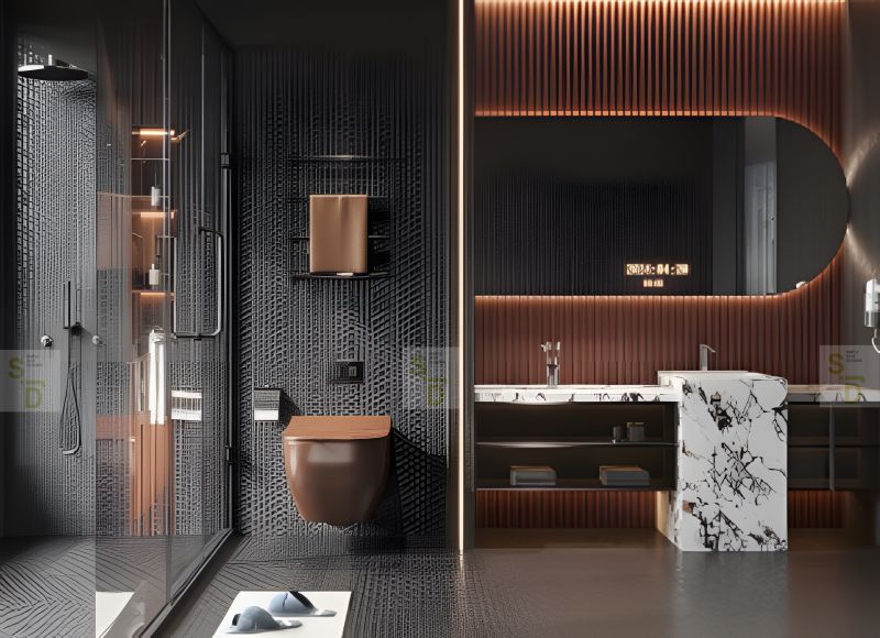 modern luxury bathroom interior design with black and brown tiles