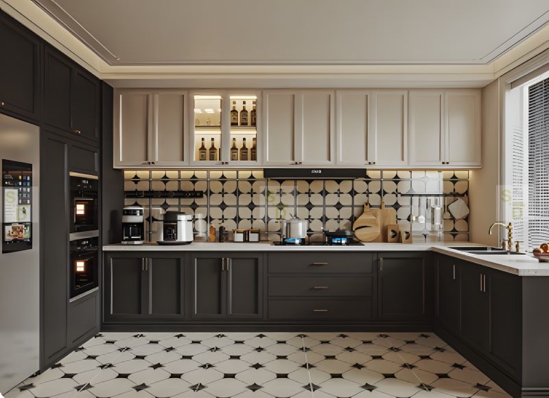 Timeless Kitchen Design with Dark Green Accents and Geometric Elegance