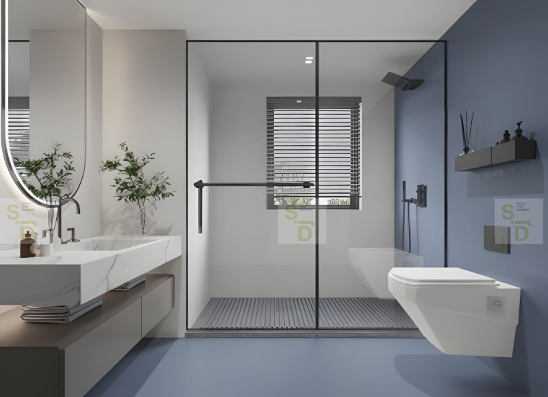 minimalist bathroom interior with blue tiles