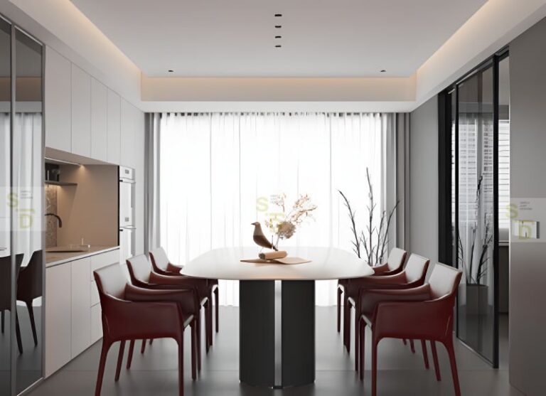 Contemporary-Dining-Area-with-Red-Chairs