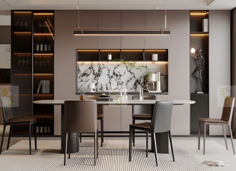 Contemporary-Dining-Room-with-Marble-Backsplash