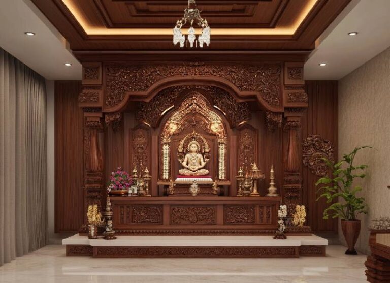 Intricately Carved Wooden Pooja Room