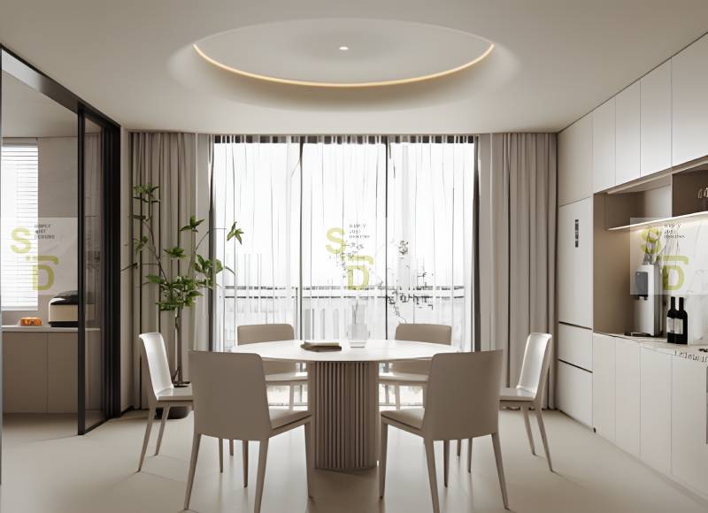 Combines modern design with a cozy ambiance dining room