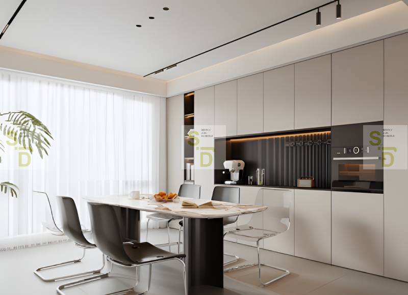 Contemporary Dining Area with Marble Table