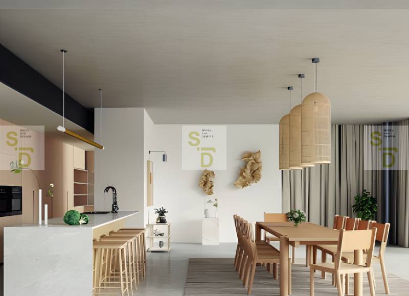 Contemporary Dining Room with Island and Pendant Lights