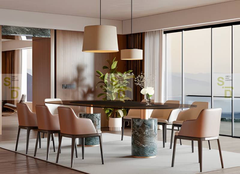 Dining Area with Plush Seating and Floor-to-Ceiling Windows